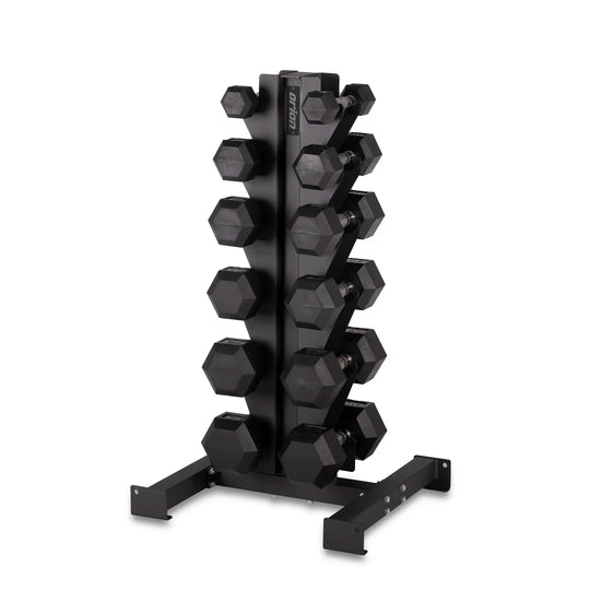 Orion Dumbbell Sets 5-30lb Rubber Hex Dumbbell Set + 6 Pair Rack