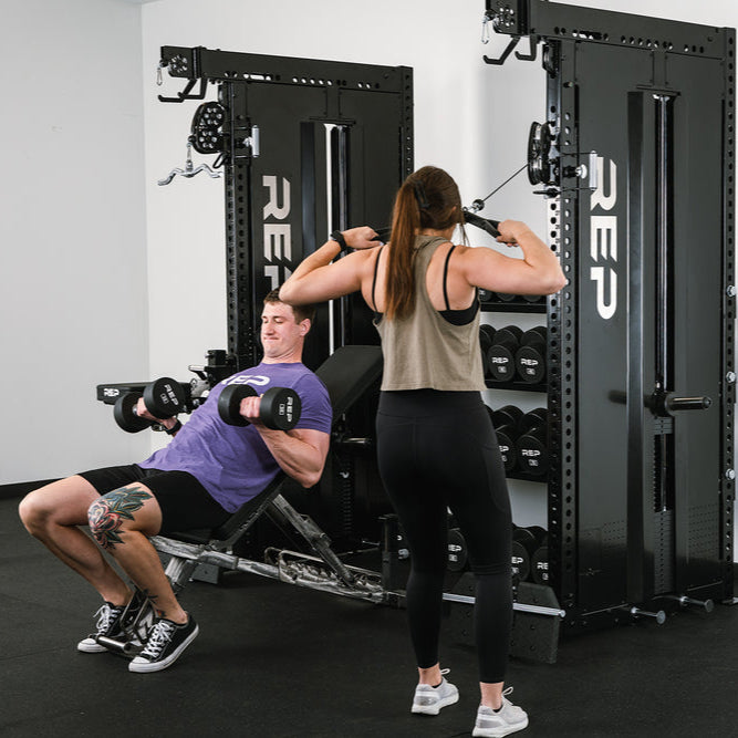 REP Home Gyms Plate Loaded + Selectorized Adonis Dual Cable Tower with Storage