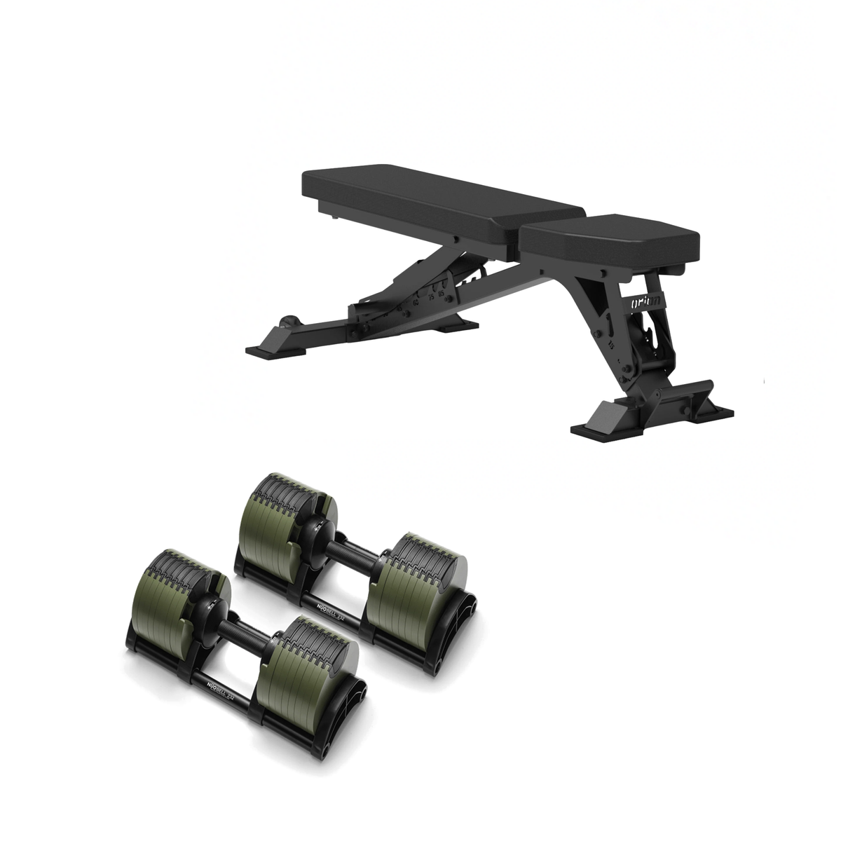 NÜOBELL Adjustable Dumbbells 550 + Bench / Green Adjustable Dumbbell Set + Elite FID 2.0 Bench Bundle